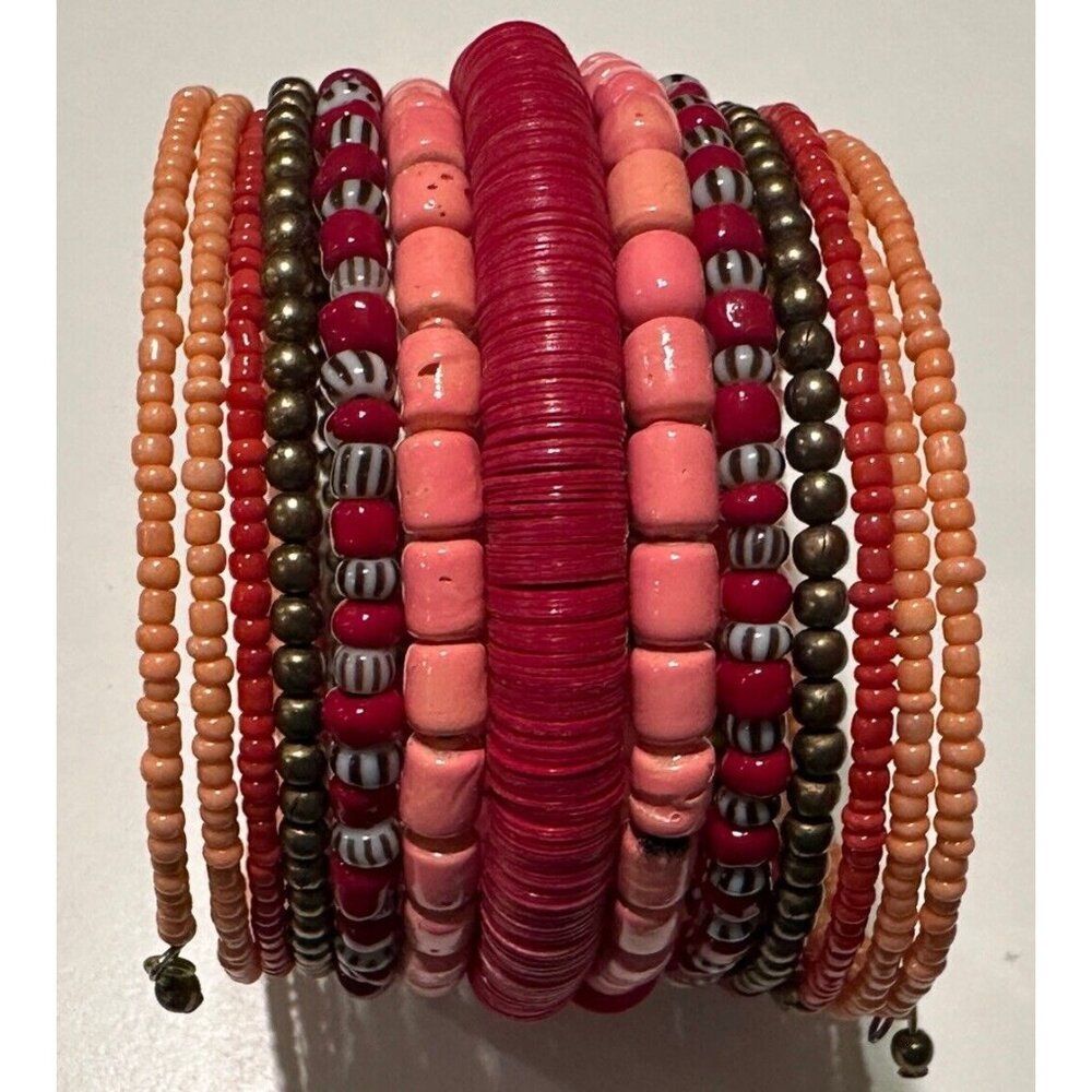 Boho Beaded Wrap Memory Wire Bracelet Multi Color Red Pink Orange Stacked